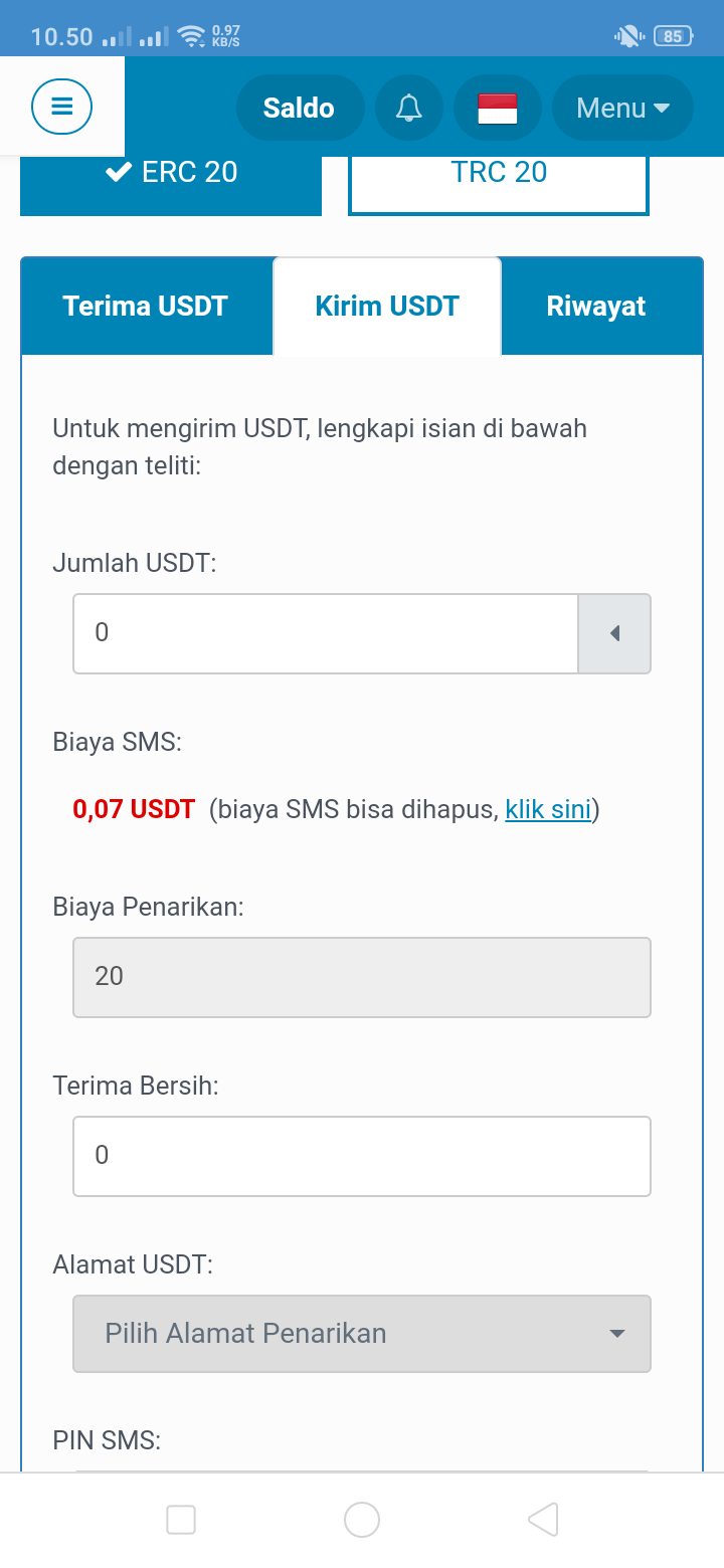 biaya transfer USDT ERC 20 Indodax