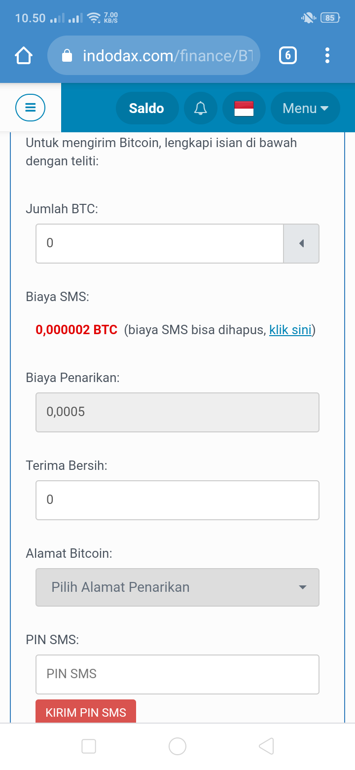 Biaya transfer Bitcoin (BTC) Indodax